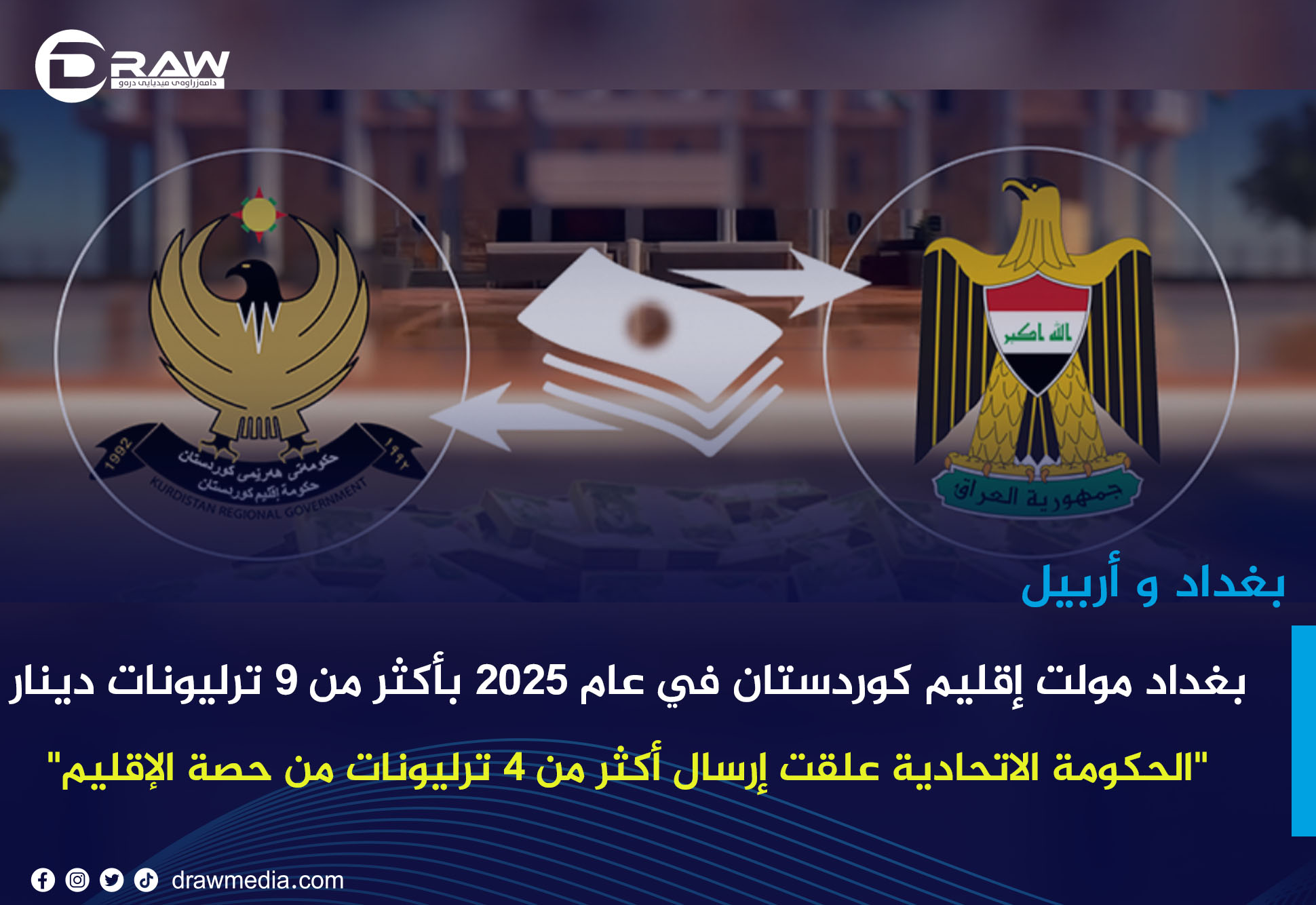 DrawMedia.net / بغداد مولت إقليم كوردستان في عام 2025 بأكثر من 9 ترليونات دينار